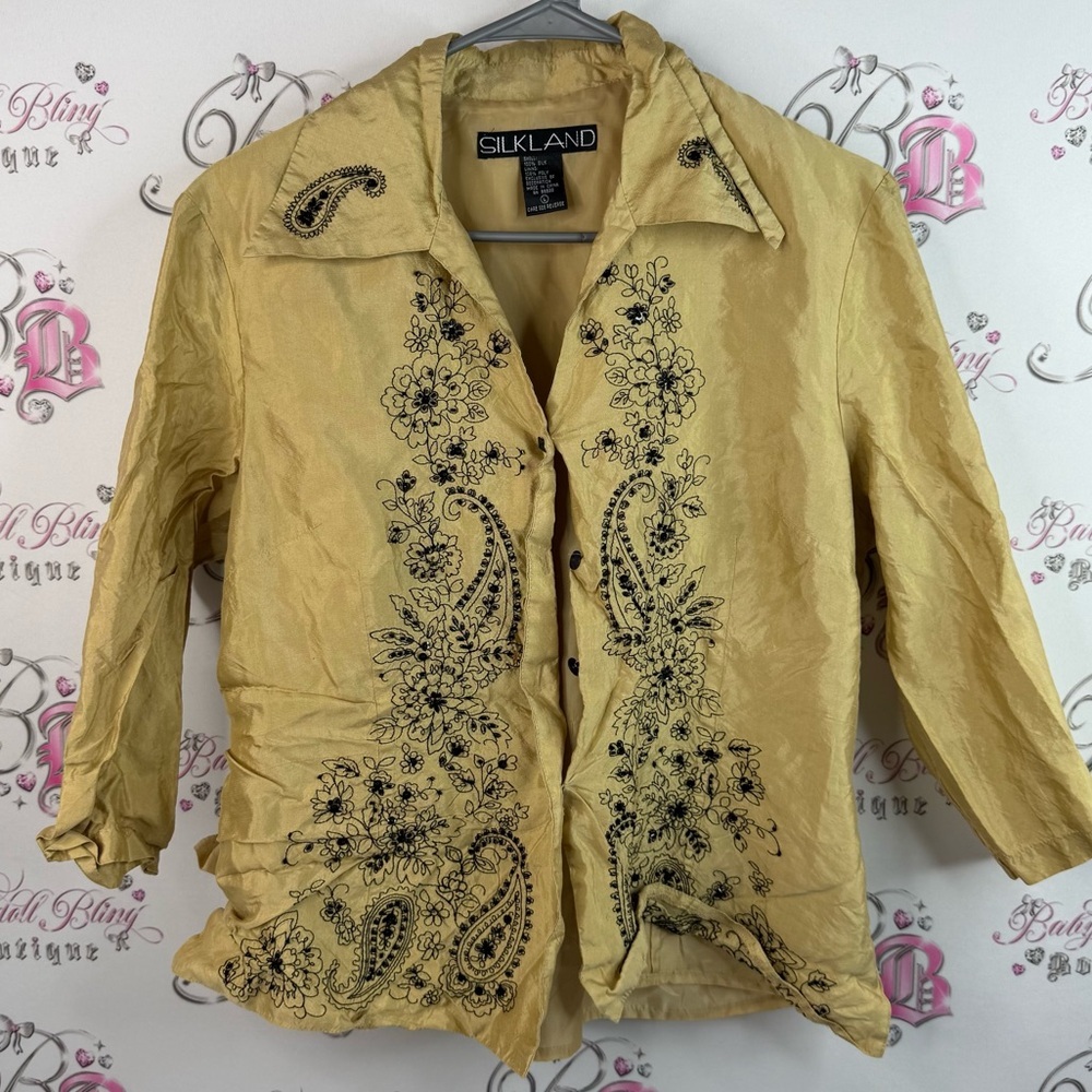 SilkLand button up shirt 100% silk embroidered Gold Blouse with Black Embroidery